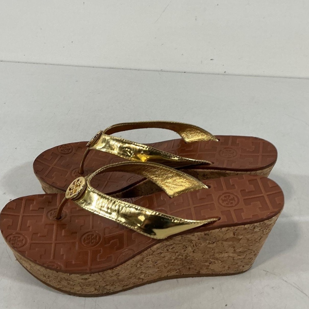 Women’s Tory Burch Gold Leather Thong Wedge Cork Platform Sandals Size 6.5M